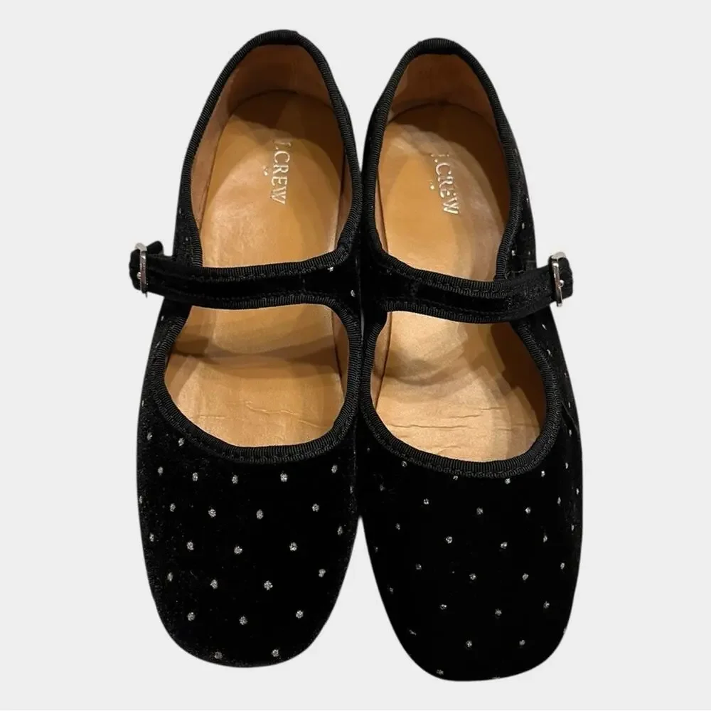 J. CREW Girls Velvet Mary Jane Flats Black Silver Dot K4